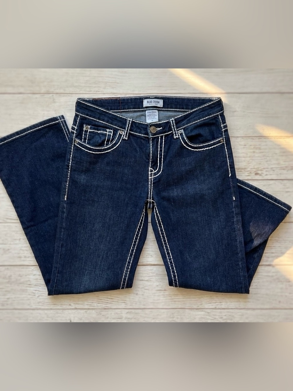 Blue Crush Y2K Dark Wash White Contrast Stitch Bootcut Denim Jeans Women’s S